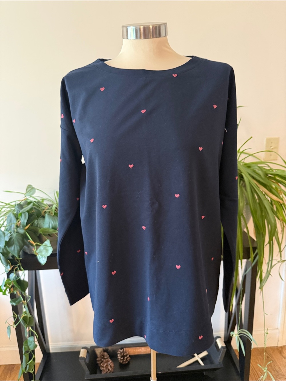 J.Jill Navy French Terry Top with Subtle Pink Heart Accents